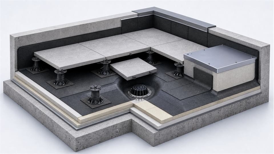 Raised Paving Roof with Supports, Drain and Equipment Base annotated technical illustration