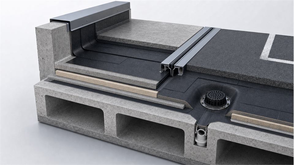 Parking Roof Build-Up, Movement Joint and Drainage annotated technical illustration