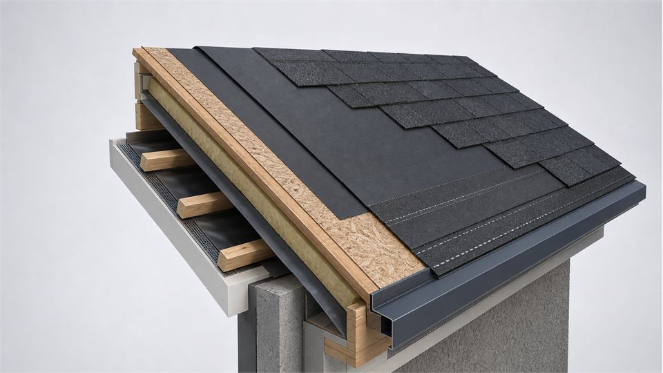 Asphalt Shingle Roof Build-Up annotated technical illustration