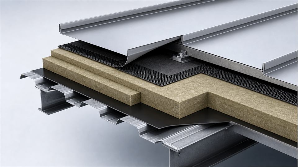 Standing-Seam Metal Roof Build-Up annotated technical illustration