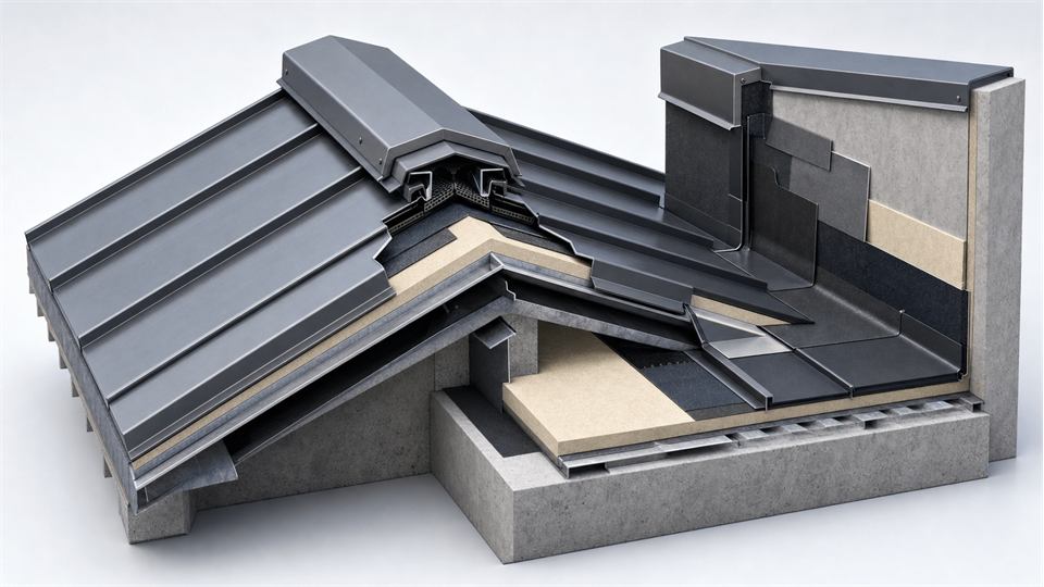 Metal Roof Ridge and High-to-Low Junction annotated technical illustration