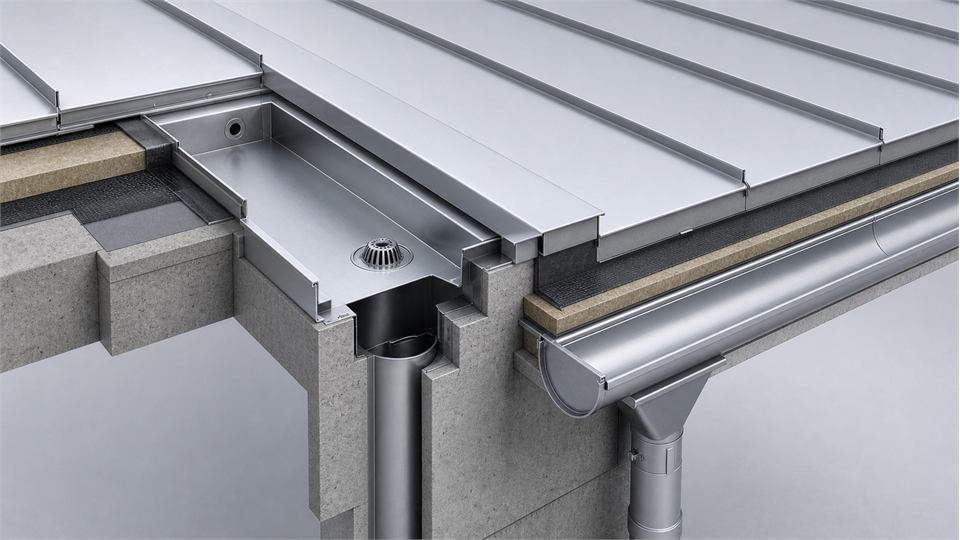 Metal Roof Gutter and Outlet annotated technical illustration