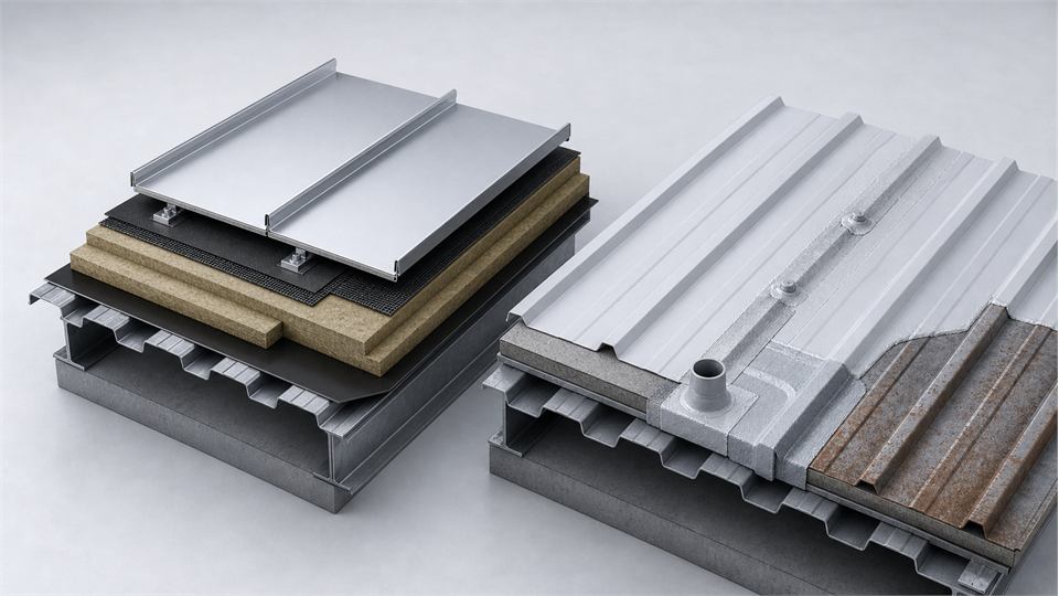 New-Build and Refurbished Metal Roof Comparison annotated technical illustration