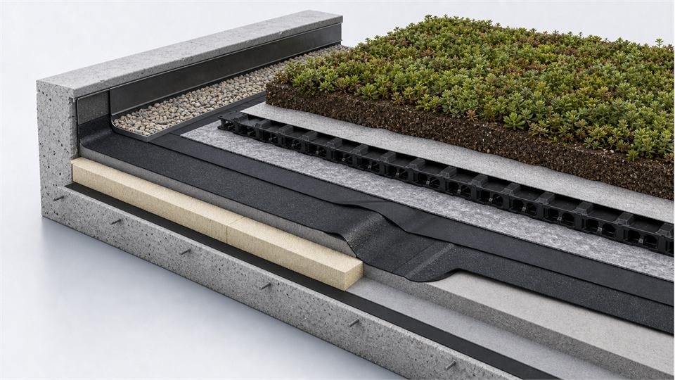 Complete Green Roof Build-Up annotated technical illustration