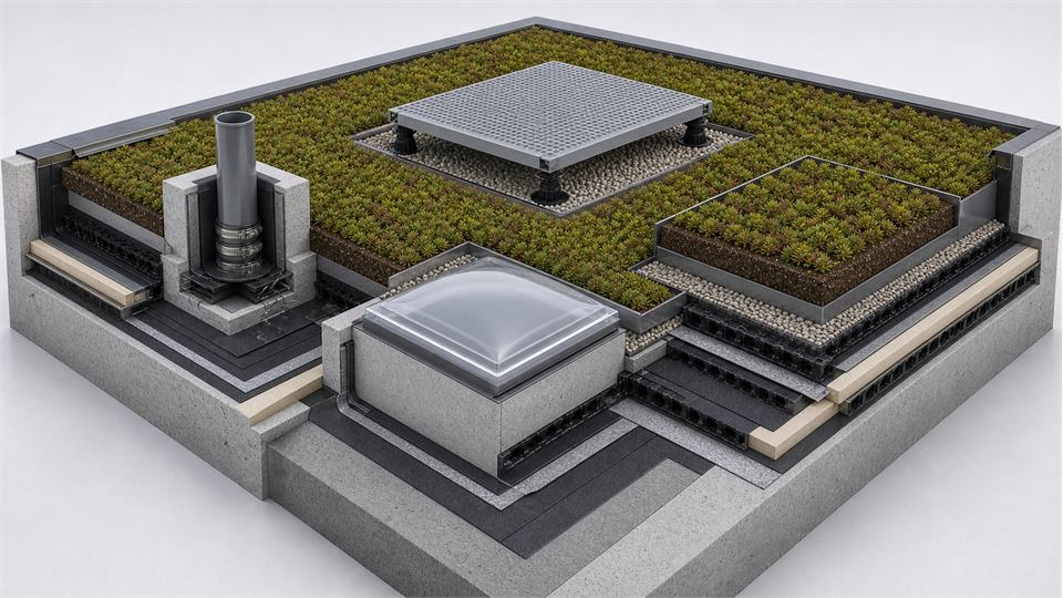 Green Roof Penetrations, Platforms and Rooflights annotated technical illustration