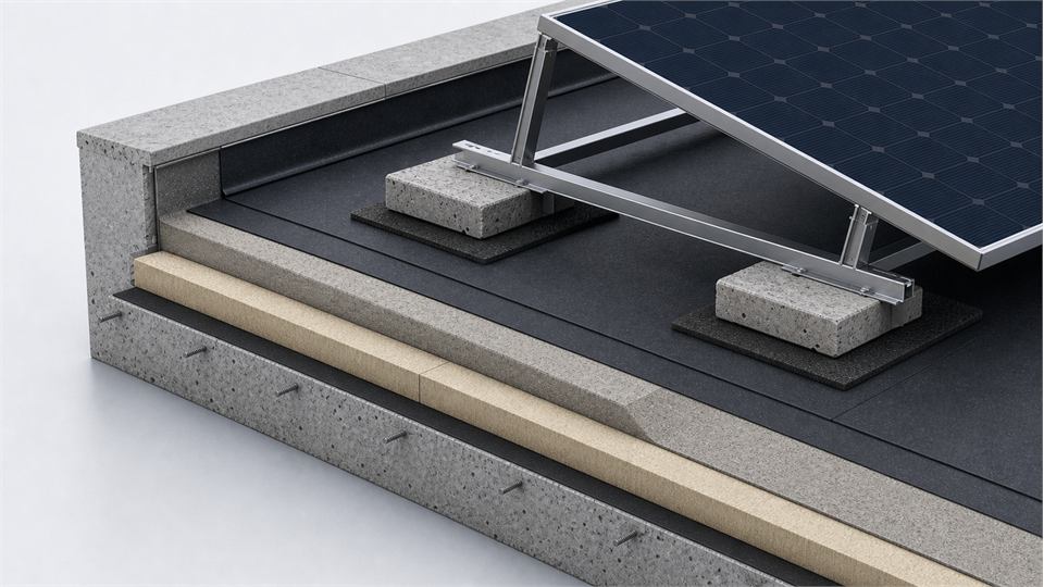 Ballasted PV Mount on Flat Roof annotated technical illustration