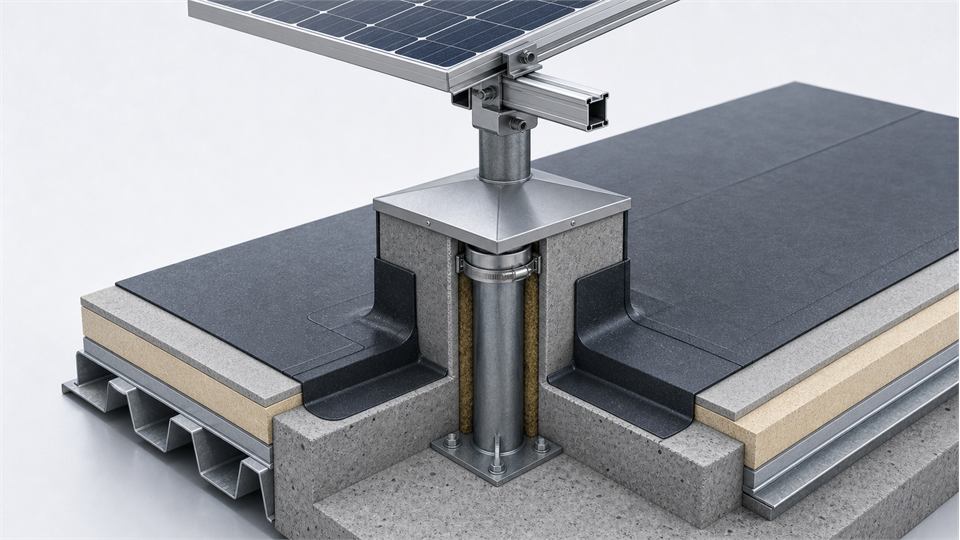 Penetrating PV Mount on Flat Roof annotated technical illustration