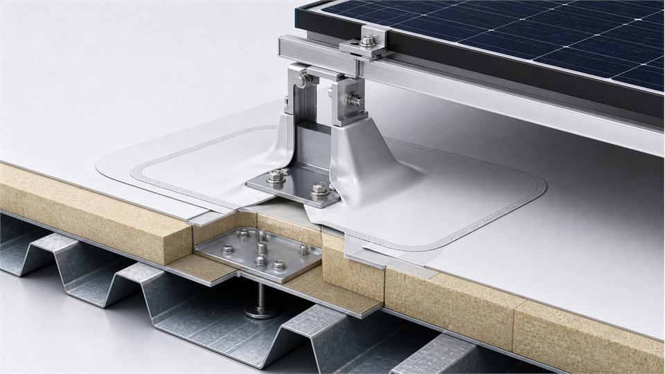 PV Mount on Single-Ply Membrane Roof annotated technical illustration