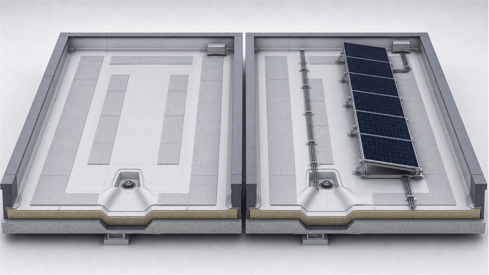 Waterproofing Boundary Before and After PV Installation annotated technical illustration