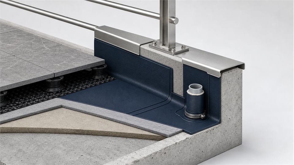 Terrace Railing Base and Penetration annotated technical illustration