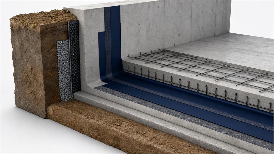 External Waterproofing under Basement Raft annotated technical illustration