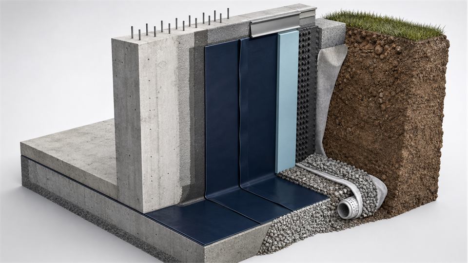 Externally Applied Basement Wall Waterproofing annotated technical illustration