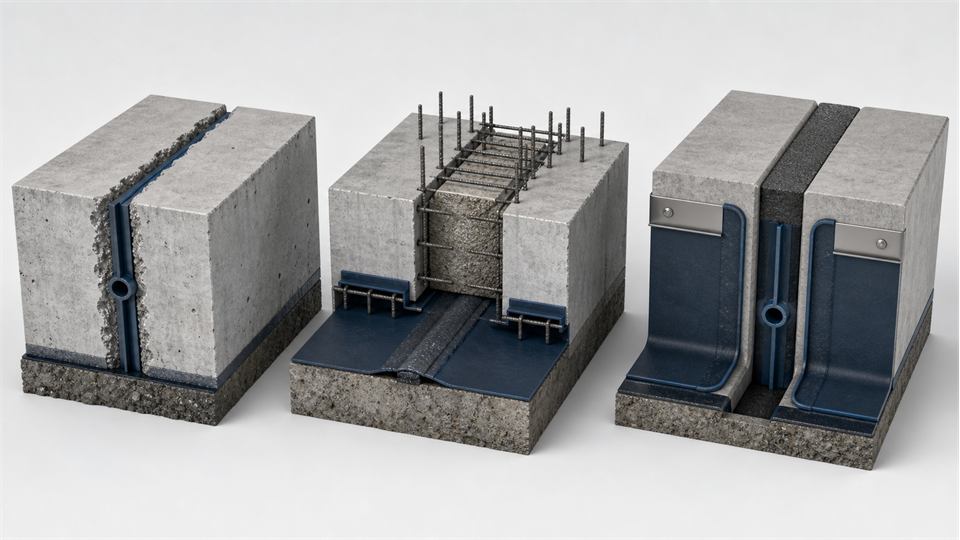 Construction Joint, Post-Cast Strip and Movement Joint annotated technical illustration