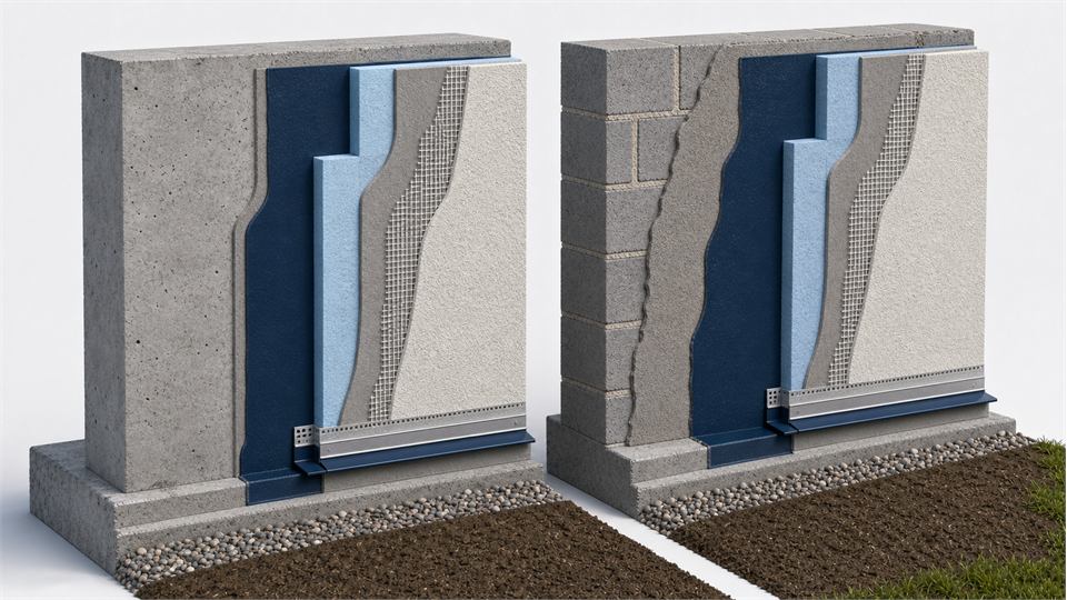 Concrete and Masonry Wall Assembly Comparison annotated technical illustration