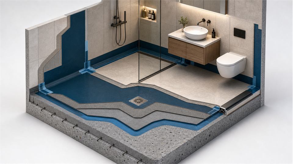 Complete Bathroom Wall and Floor Build-Up annotated technical illustration