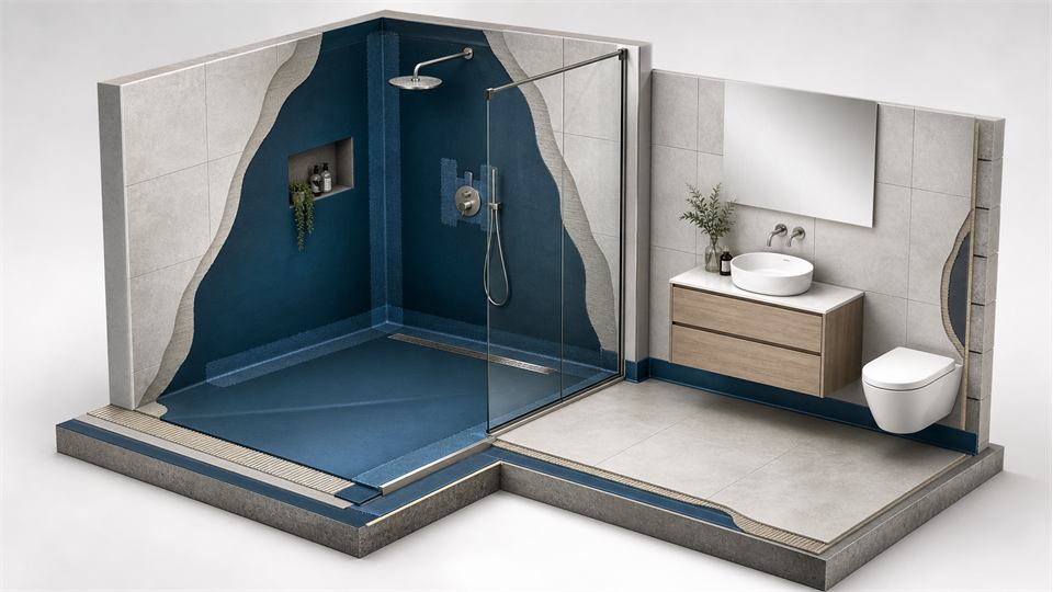 Shower Wall and Floor Waterproofing Heights annotated technical illustration