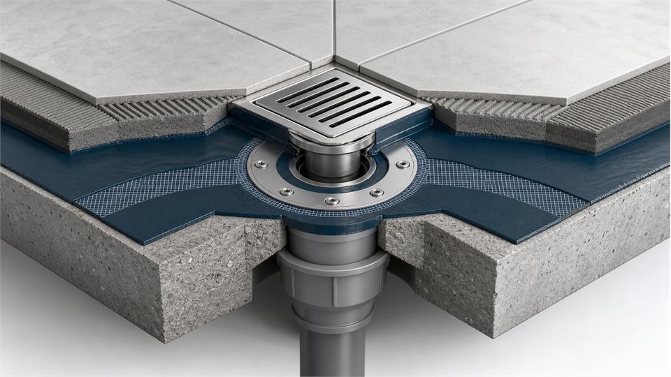 Wet-Area Floor Drain Detail annotated technical illustration
