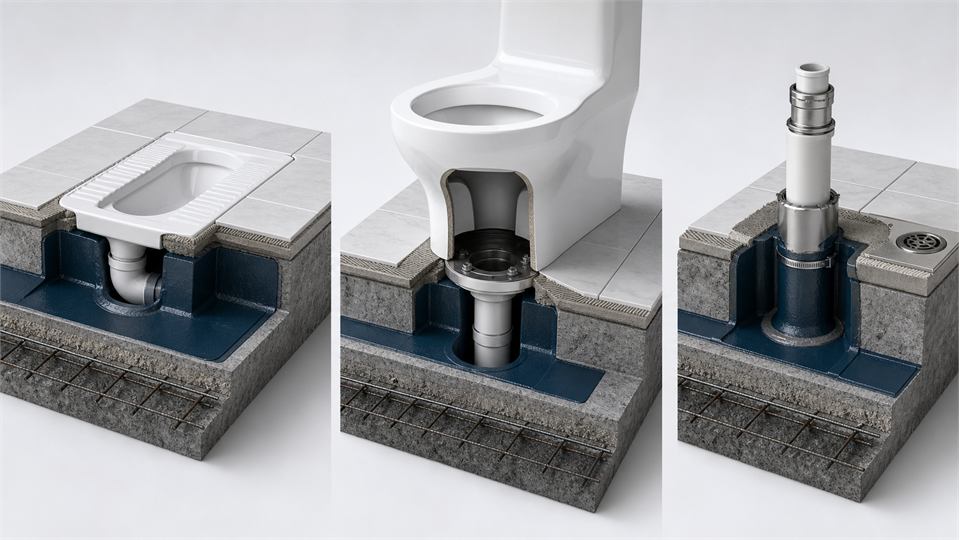 Squat Toilet, WC and Service Penetrations annotated technical illustration