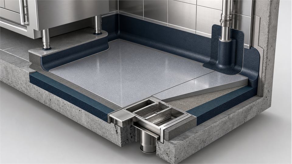 Commercial Kitchen Channel and Wall-Floor Junction annotated technical illustration