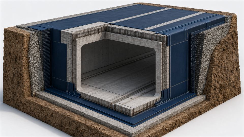 Cut-and-Cover Tunnel Base, Walls and Roof annotated technical illustration