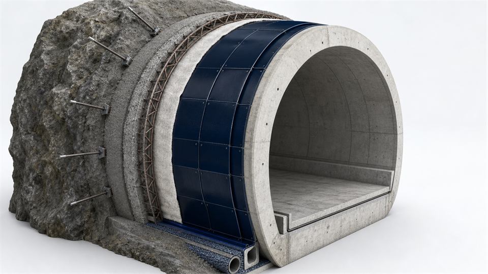 Mined Tunnel Primary Support, Membrane and Secondary Lining annotated technical illustration