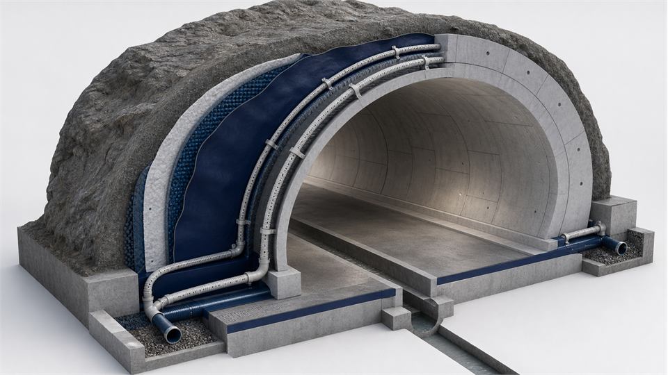 Blind Drain, Circumferential and Longitudinal Drainage annotated technical illustration