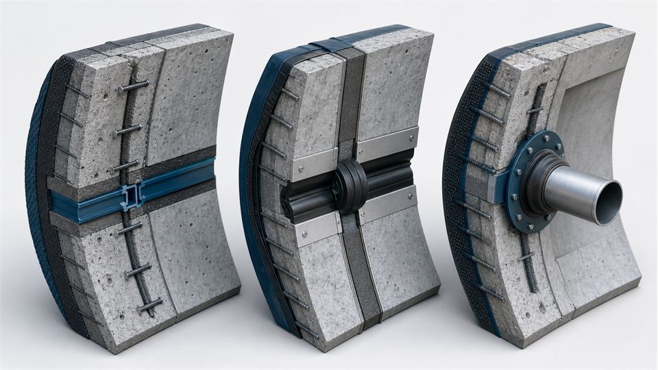 Tunnel Construction Joint, Movement Joint and Penetration annotated technical illustration