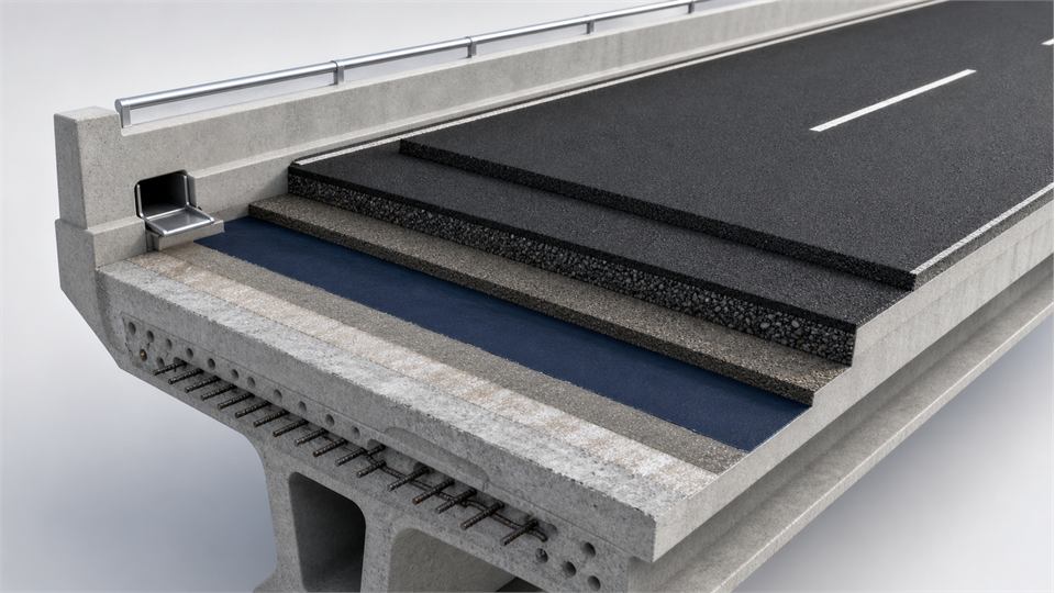 Concrete Bridge Deck Waterproofing and Asphalt Surfacing annotated technical illustration