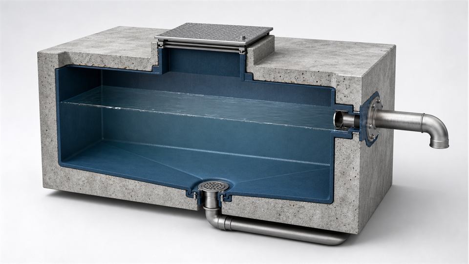 Water Tank Access, Overflow and Drain Outlets annotated technical illustration